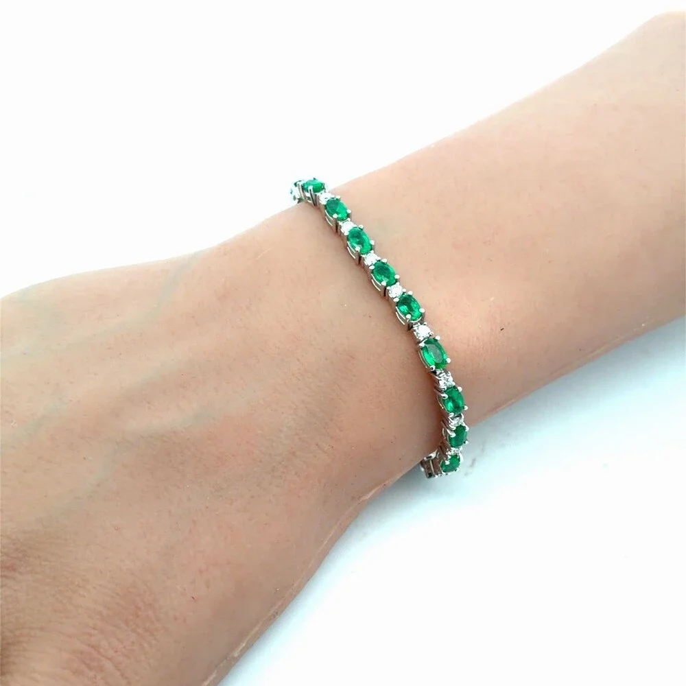 Estate 14K White Gold Oval Emerald Round Diamond Statement Tennis Bracelet